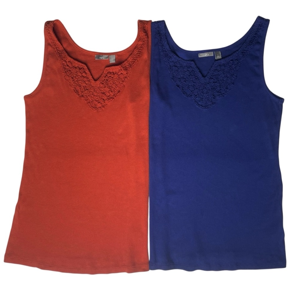 2 Boho Cotton Tank Tops Crochet Tees Autumn Rust + Blue Rib T-shirt Apt 9 Size L